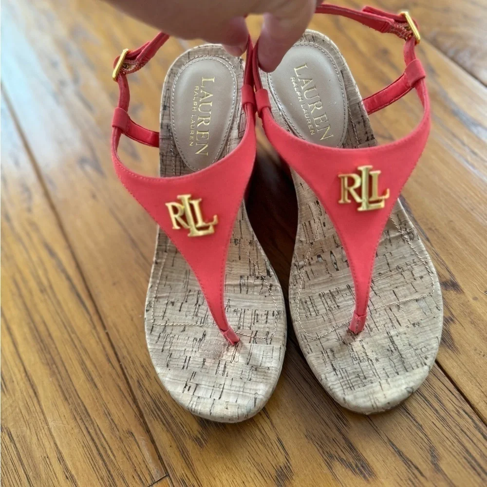 Lauren Ralph Lauren Jeannie Coral Logo Wedge Sandals Thong Flip Flop 6 - Picture 11 of 13